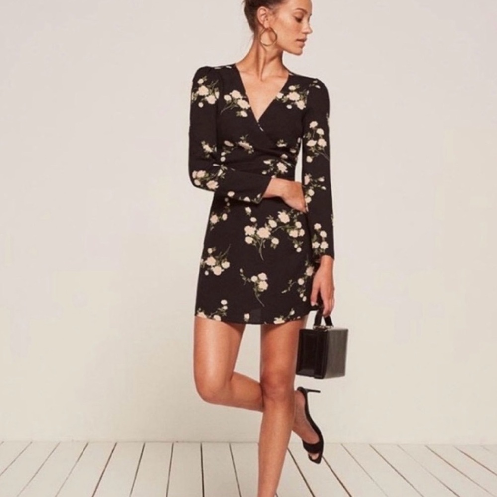 Reformation Zircon Contessa Mini Dress Black Floral Print Sz 2 Long Sleeve wrap